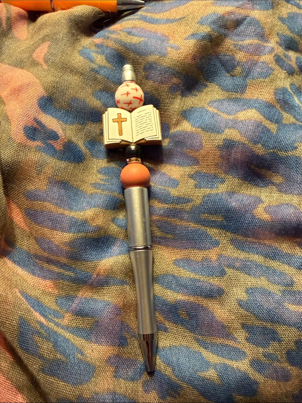 Handcrafted Mixed-Media Silver and Coral Religious Pen comes with extra ink